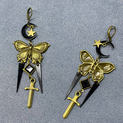 Gothic Style Bronze Butterfly & Sword Dangle Earrings