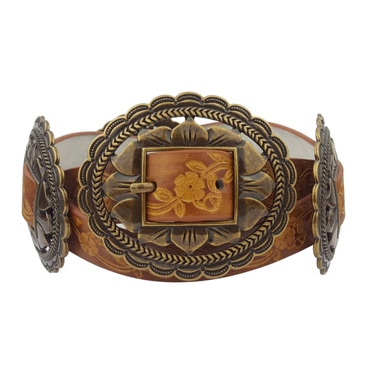 Western Oval Floral Concho Belt hand painted tooled belt - Tan / M/L