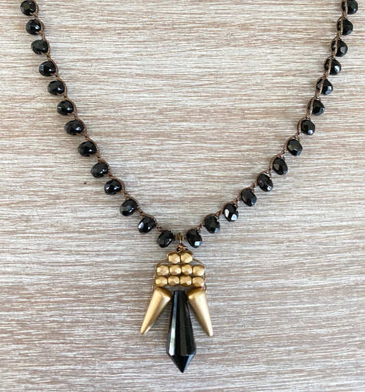 Golden Wing Scarab Necklace With Black Czech Crystal