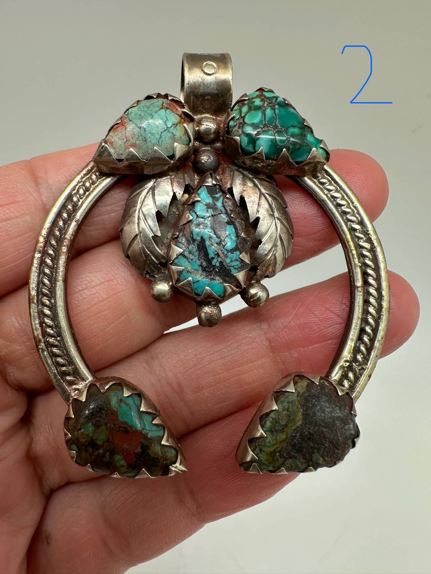 Blossom pendant, handcrafted, white metal - turquoise