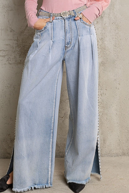 Wide Leg Studd & Pleat Jeans - La De Da