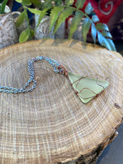Bronze/Copper Wrapped Uranium Glass Necklace #IV116