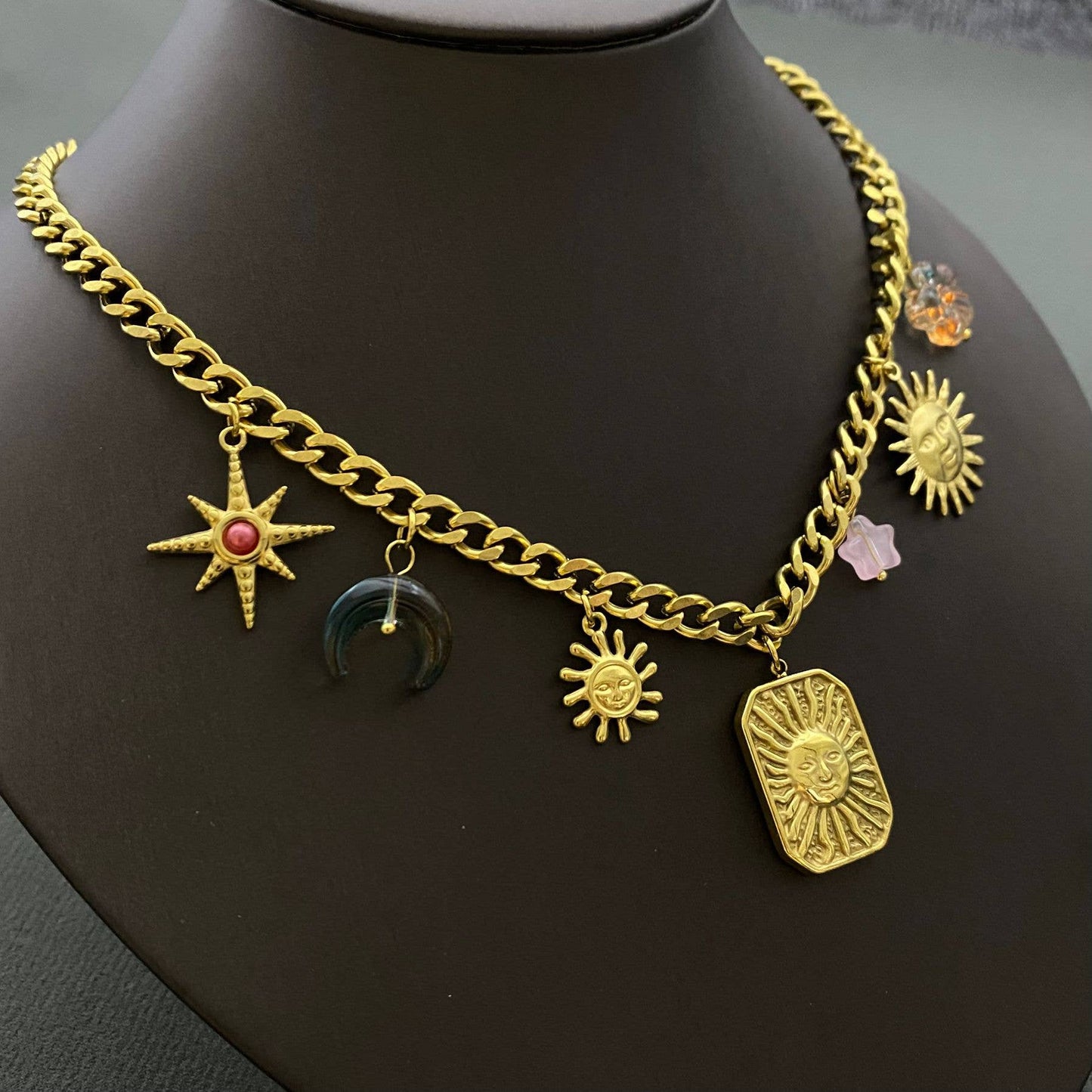 Sun Moon Star 18K Gold Plated SS Charm Necklace