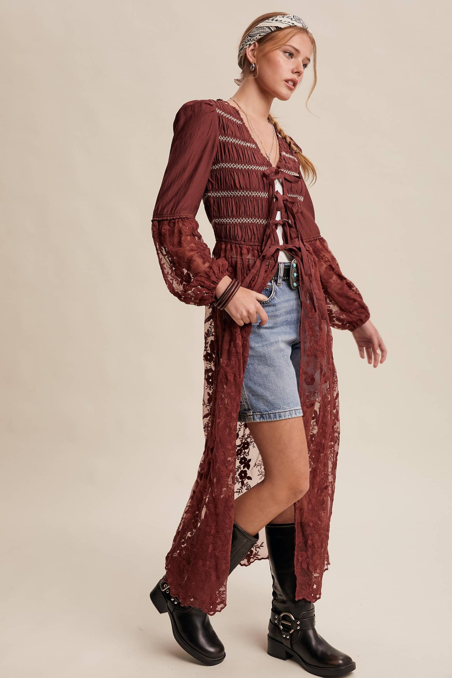 Lace-Up Embroidered Maxi Kimono - Wine