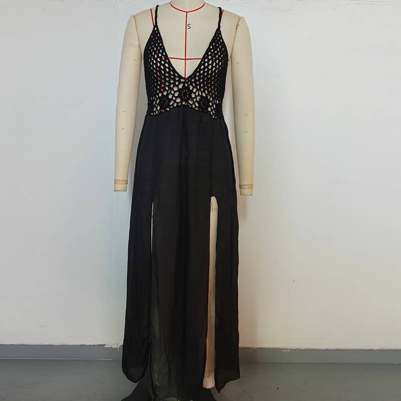 Crochet Backless Beach Dress - Black