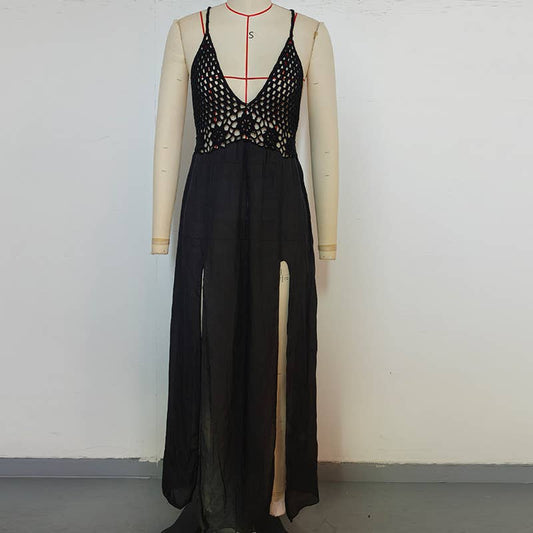 Crochet Backless Beach Dress - Black