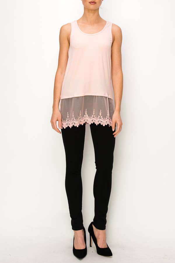Soft Relaxed Tank With Delicate Floral Laced Hem - Pink