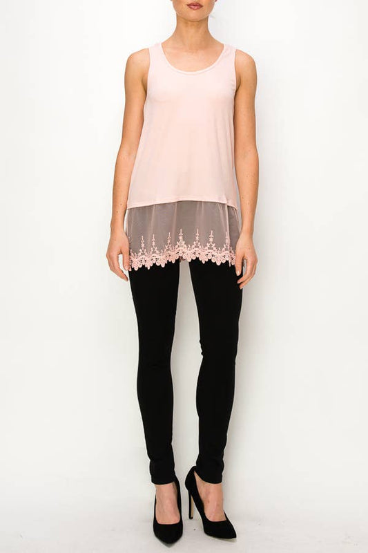 Soft Relaxed Tank With Delicate Floral Laced Hem - Pink