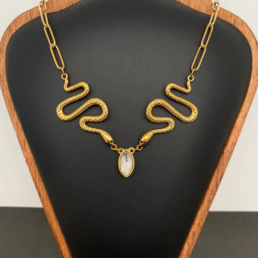 Zircon Double Snake 18K Gold Plated S.Steel Necklace - FGS