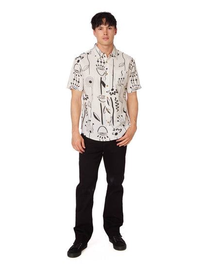 Men's Woven Printed Short Sleeve Shirt - Black & White Doodle