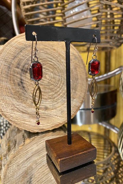 Vintage Glass & Brass Chain Earrings - Red