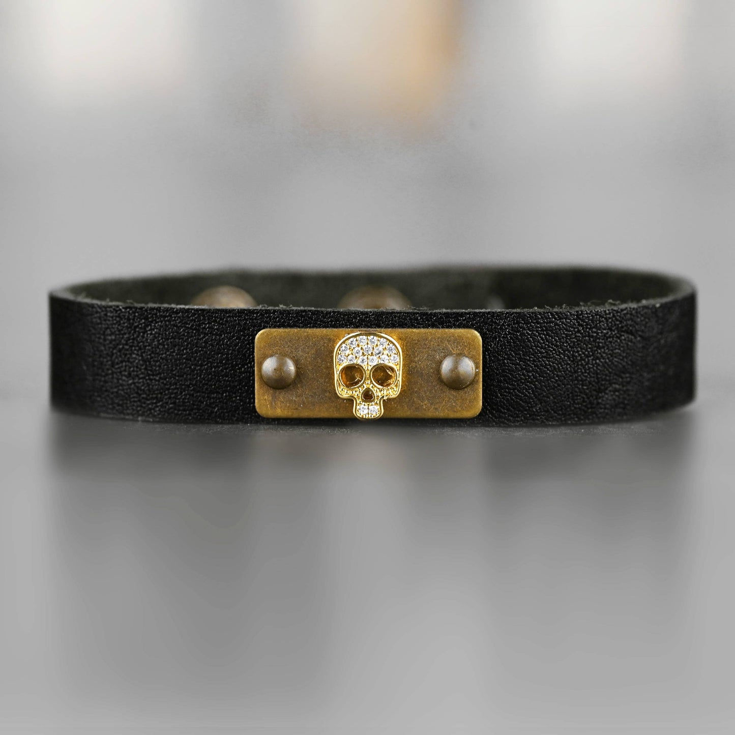 Leather Stacker Cuff w/ Pave Skull - Black