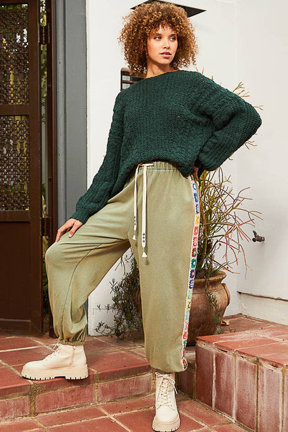 Oversize Cable Knit Chenille Sweater - Dark Green