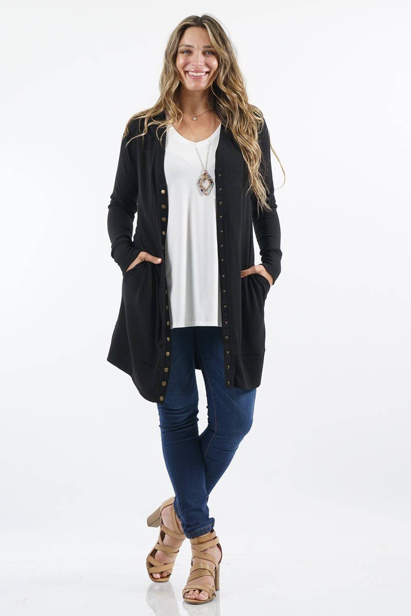 Curve Snap Button Cardigan-Black