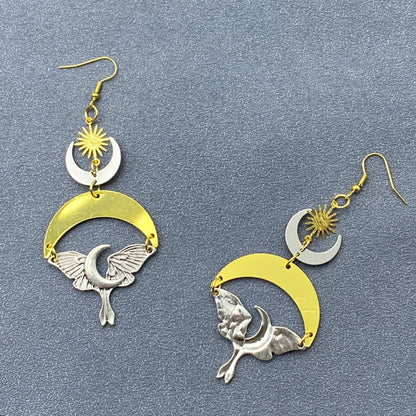 Two-tone Star Moon Moth Dangle Earrings
