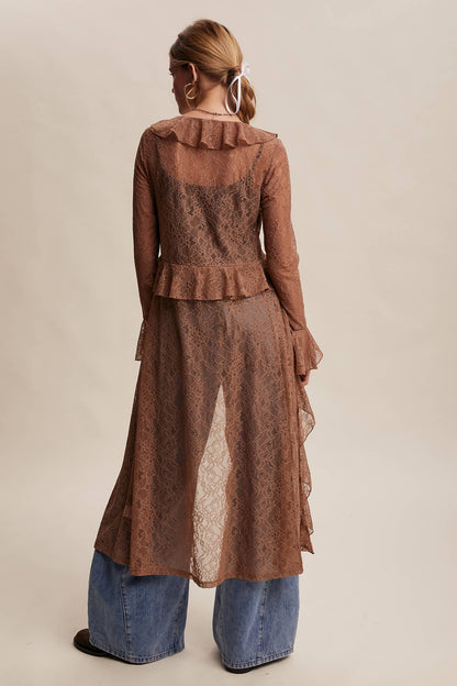 Sheer Lace Ruffle Duster - Mocha