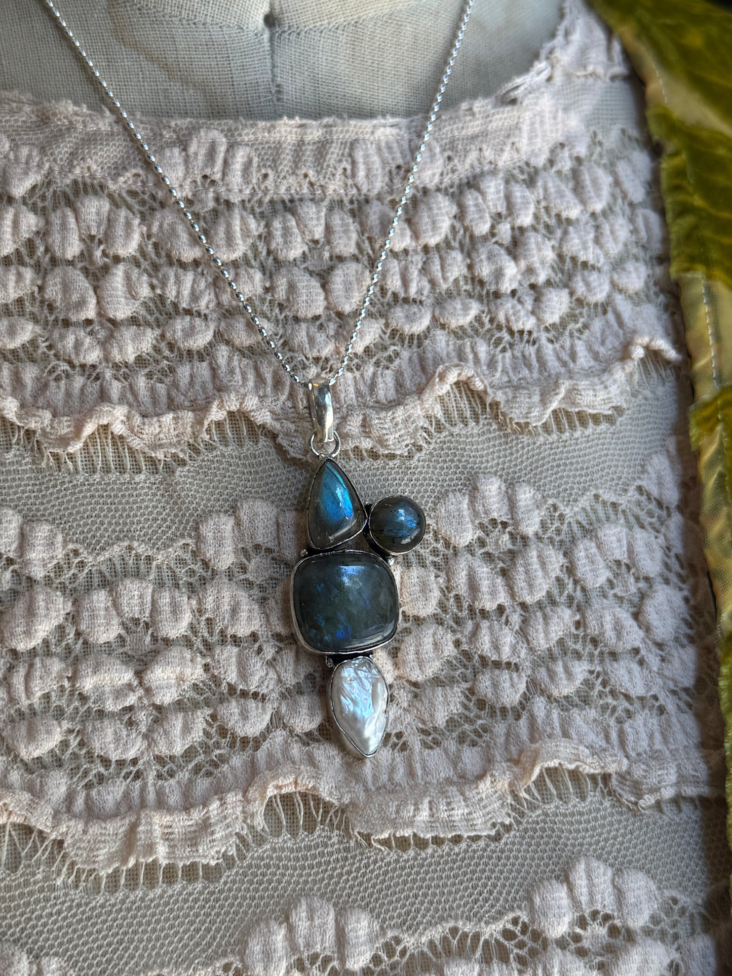 Triple Labradorite & Pearl Cluster Pendant