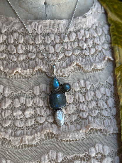 Triple Labradorite & Pearl Cluster Pendant