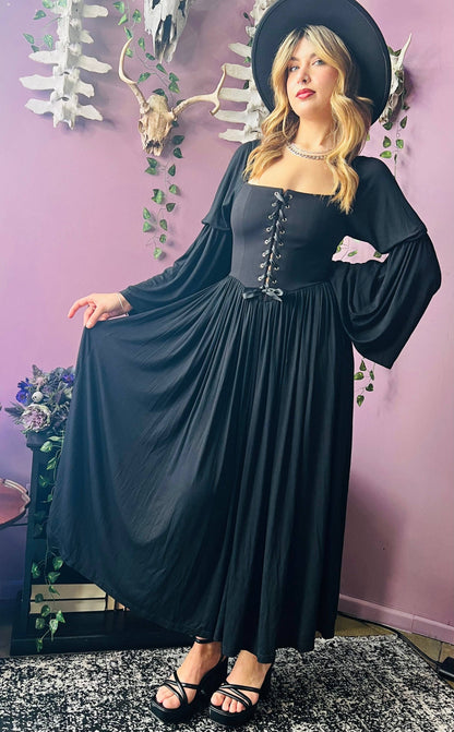 Lilith - Cottage Goth Lace Up Jersey Dress