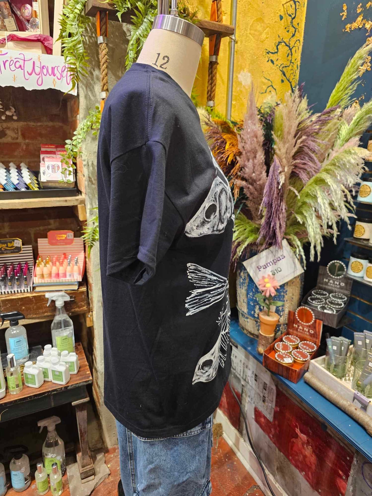 Black Fishbones Tee - Handpainted & Upcycled - IH7*