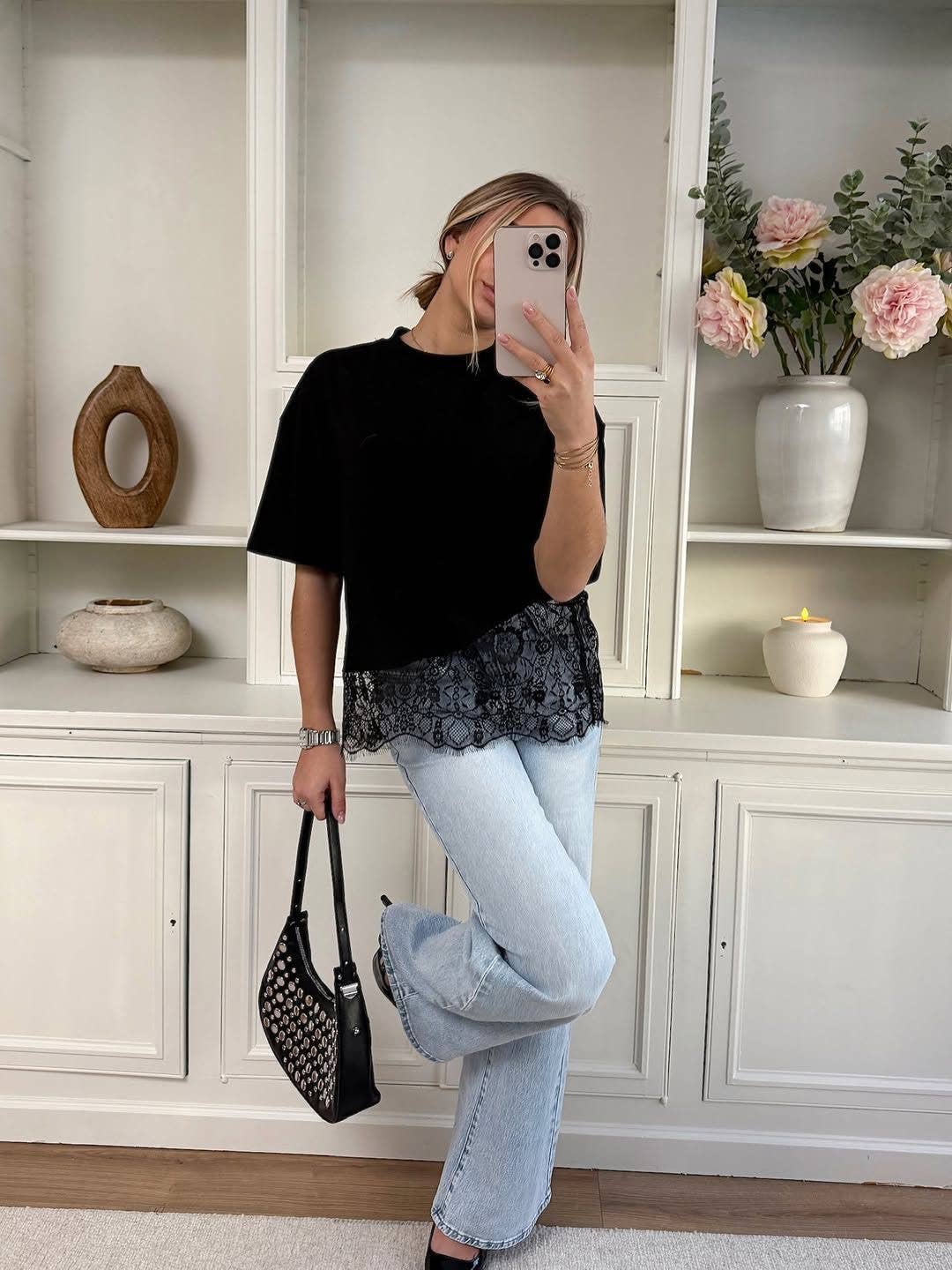 Lace Trim Relaxed Fit Crew Neck Top