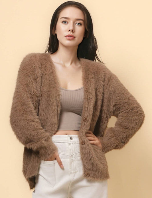 Ladies Solid Color Faux Mink V-Neck Cardigan - Khaki