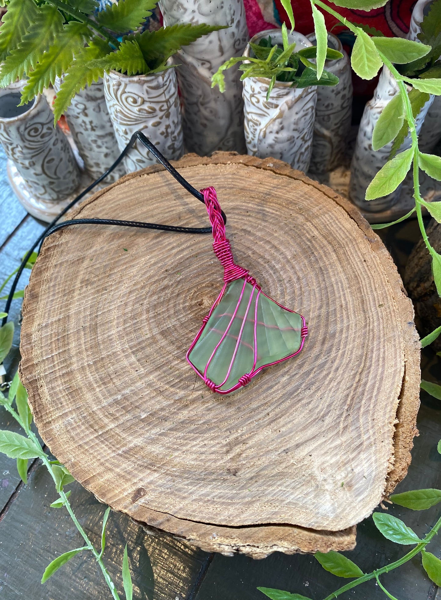 Hot Pink Wire Wrapped Uranium Glass Necklace #IV107