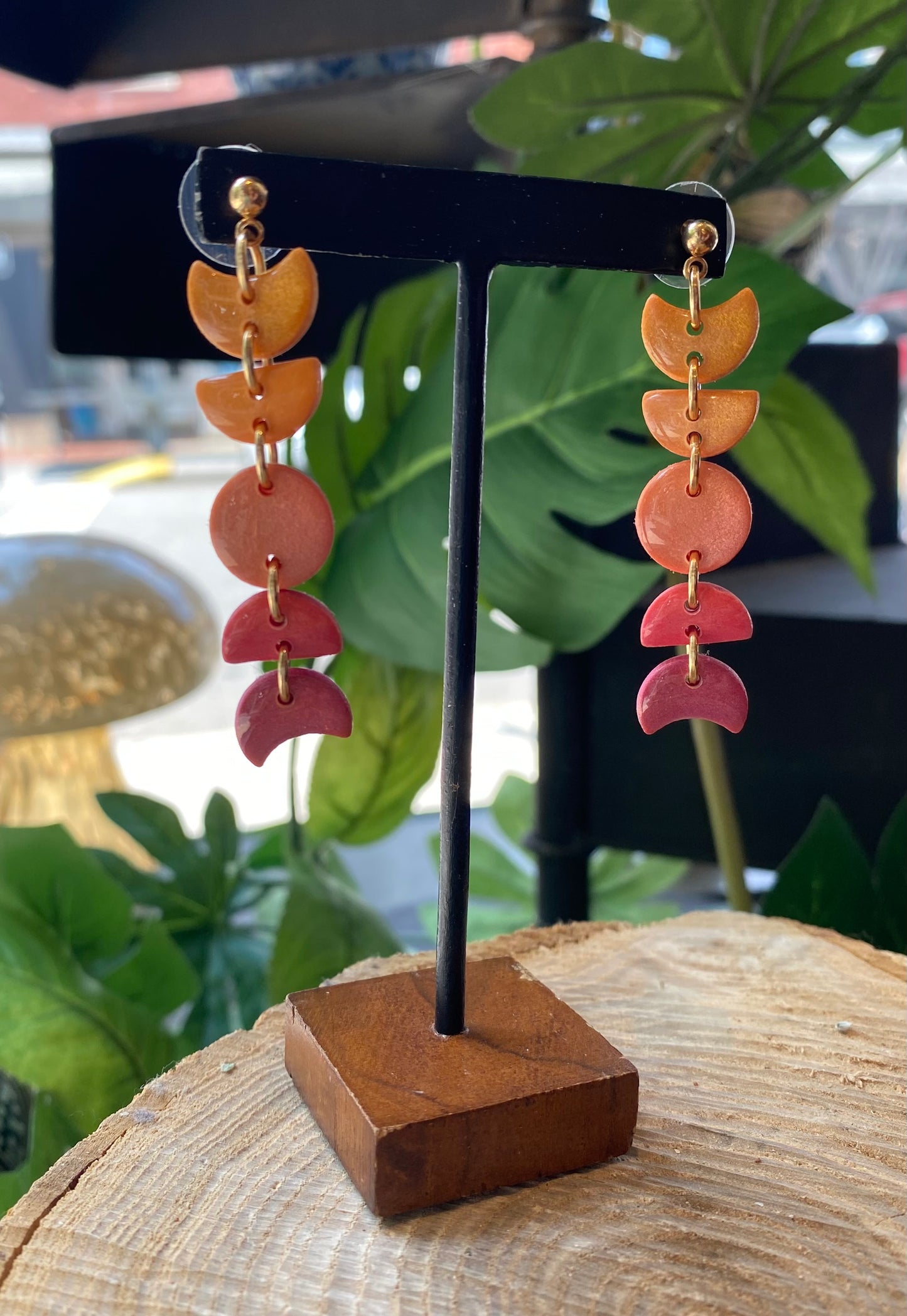 Small Moon Phase Dangles - Orange/Pink Iridescent *E10