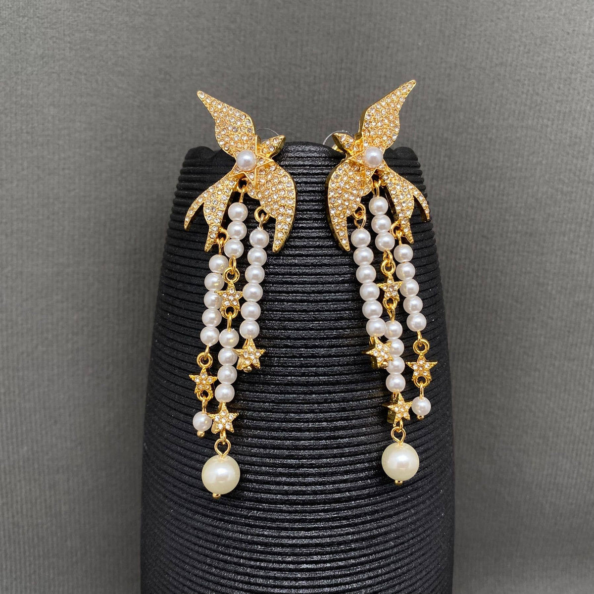 Vintage Pearl Fringe Rhinestone Inlaid Bird Earrings