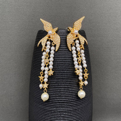 Vintage Pearl Fringe Rhinestone Inlaid Bird Earrings