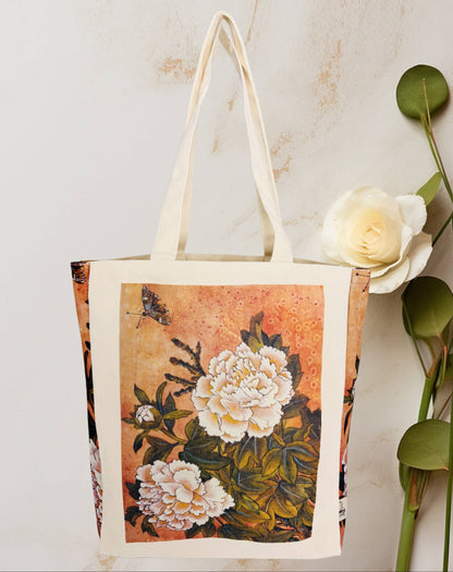 JCB15-01 Orange-Beige Peony Luxury Thick Canvas Tote with Side Panel