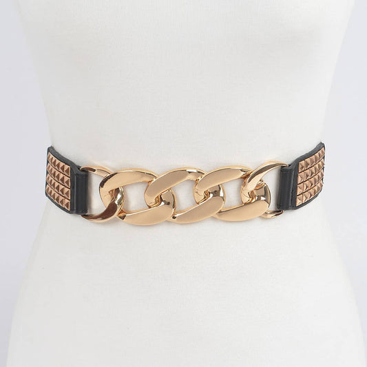 Chain Elastic Belt with Studs - Black/Gold