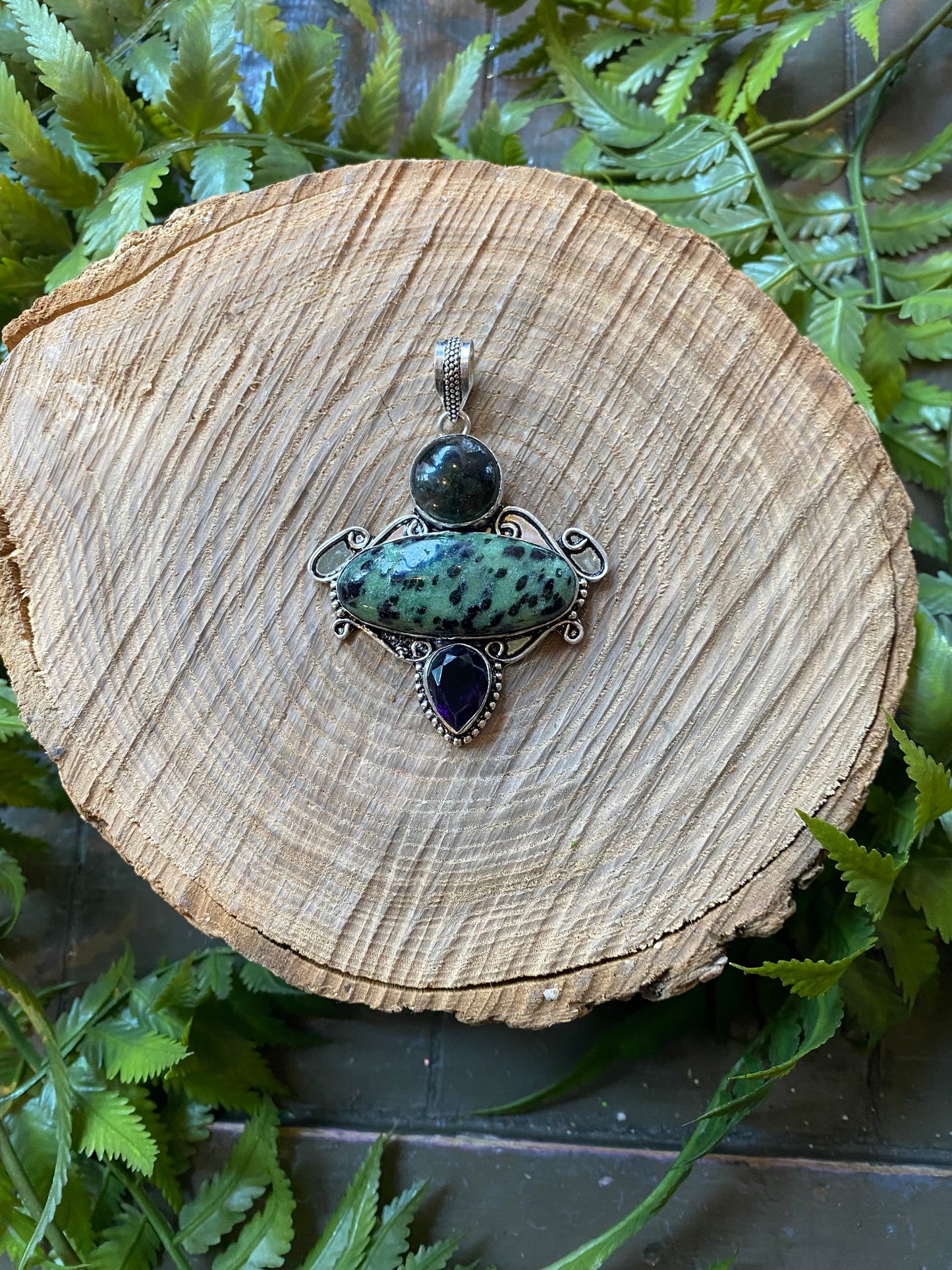 Green Jasper Smokey Quartz Amethyst Pendant