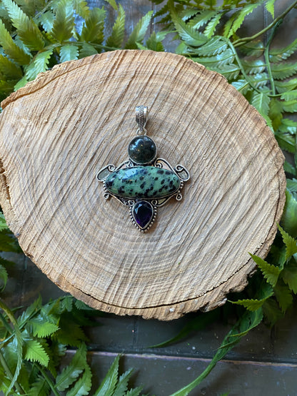 Green Jasper Smokey Quartz Amethyst Pendant