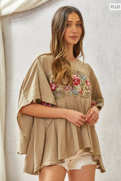 Plus Size Poncho Like Tunic Top Featuring a Round Neckline - Oyster