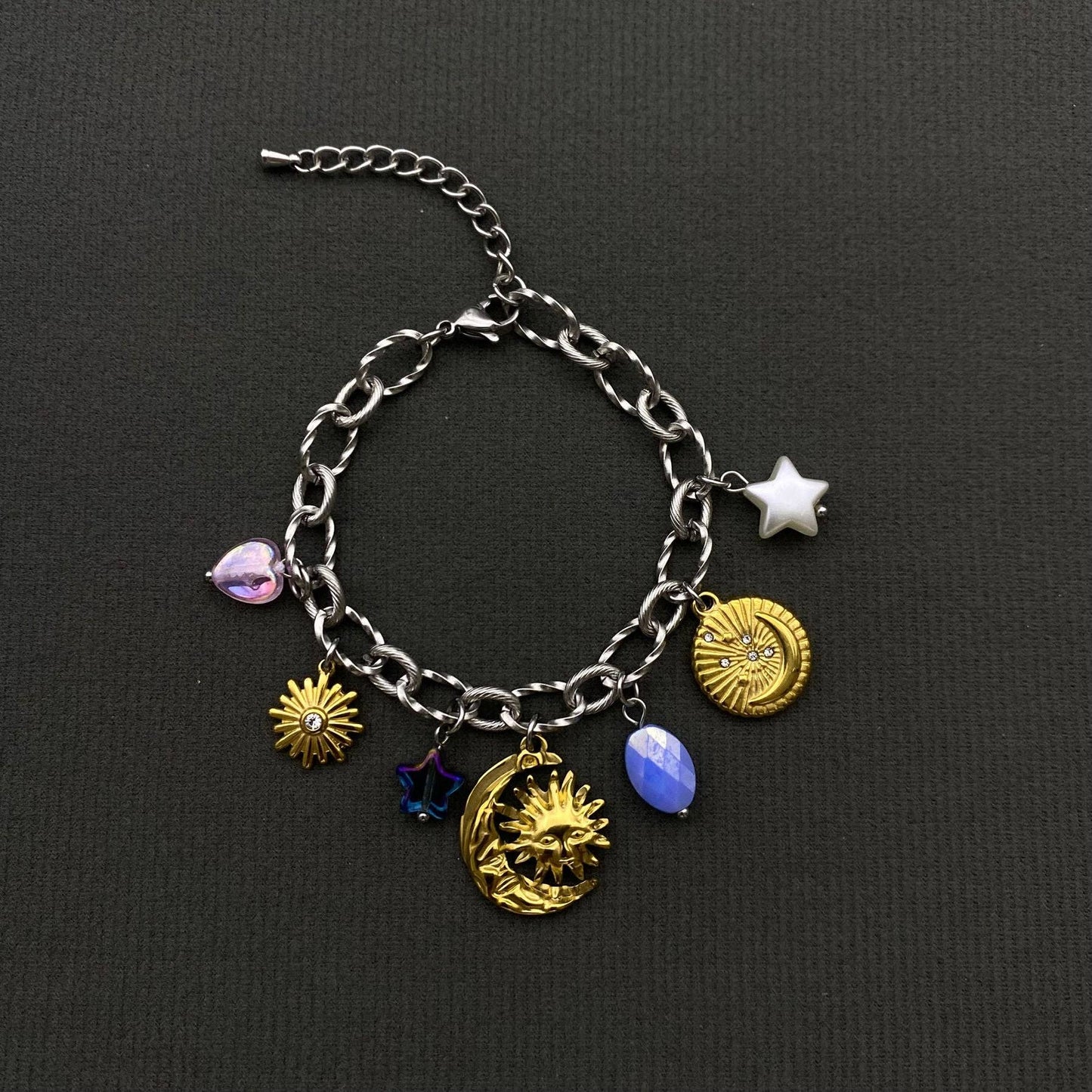 18K Gold Plated S.Steel Sun Moon Star Charm Bracelet