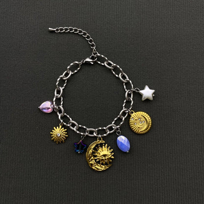 18K Gold Plated S.Steel Sun Moon Star Charm Bracelet