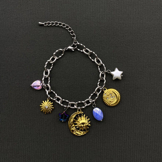 18K Gold Plated S.Steel Sun Moon Star Charm Bracelet