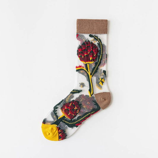 Thin Floral Breathable Socks - YellowBrown