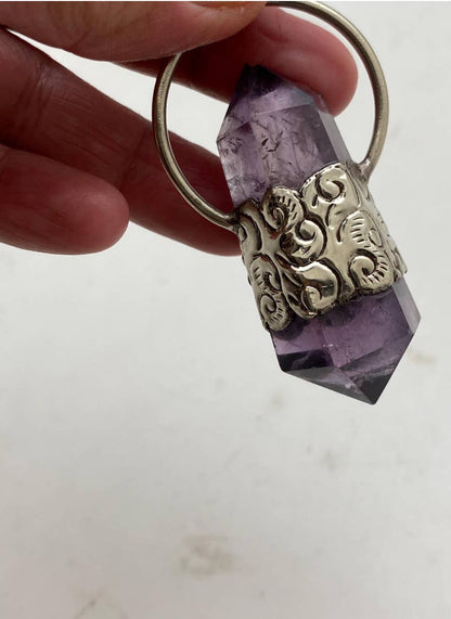 Amethyst double point pendant opal, handcrafted, white metal