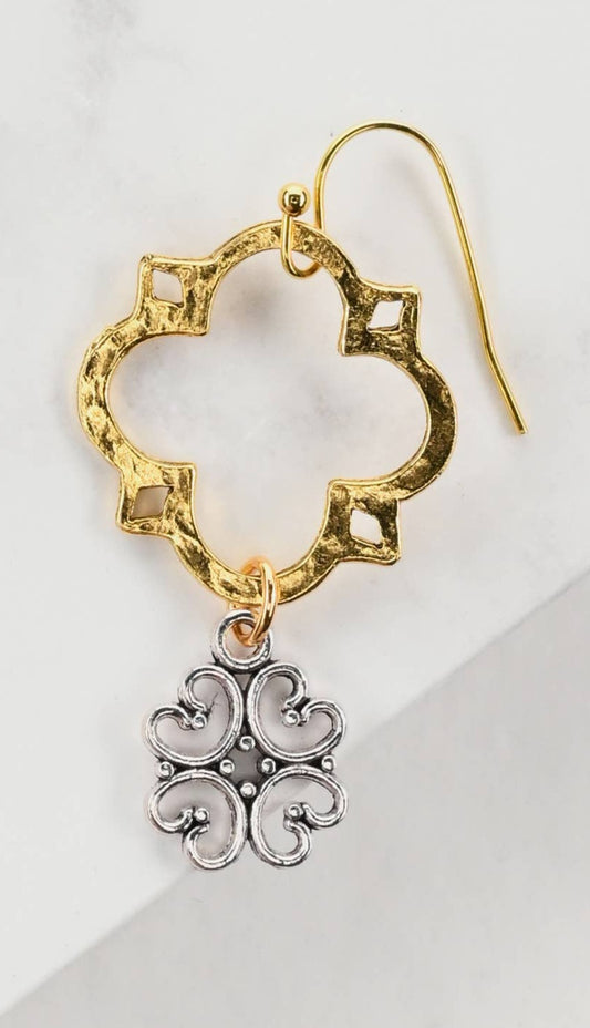 Quatrefoil Earring with Filigree- Gold with Silver Accent