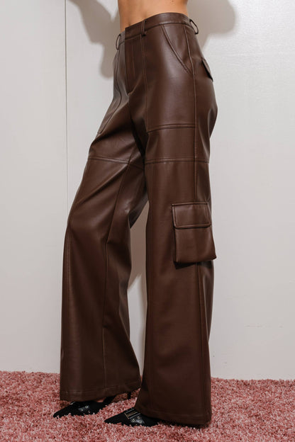 Vegan Leather Cargo Pants - Brown
