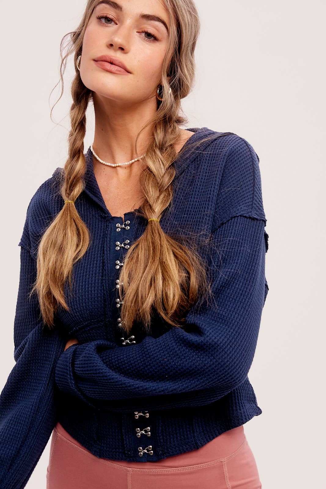 Waffle Knit Corset Hoodie - Teal Blue
