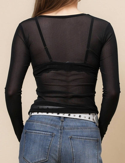 Round Neck Mesh Layering Top - Black