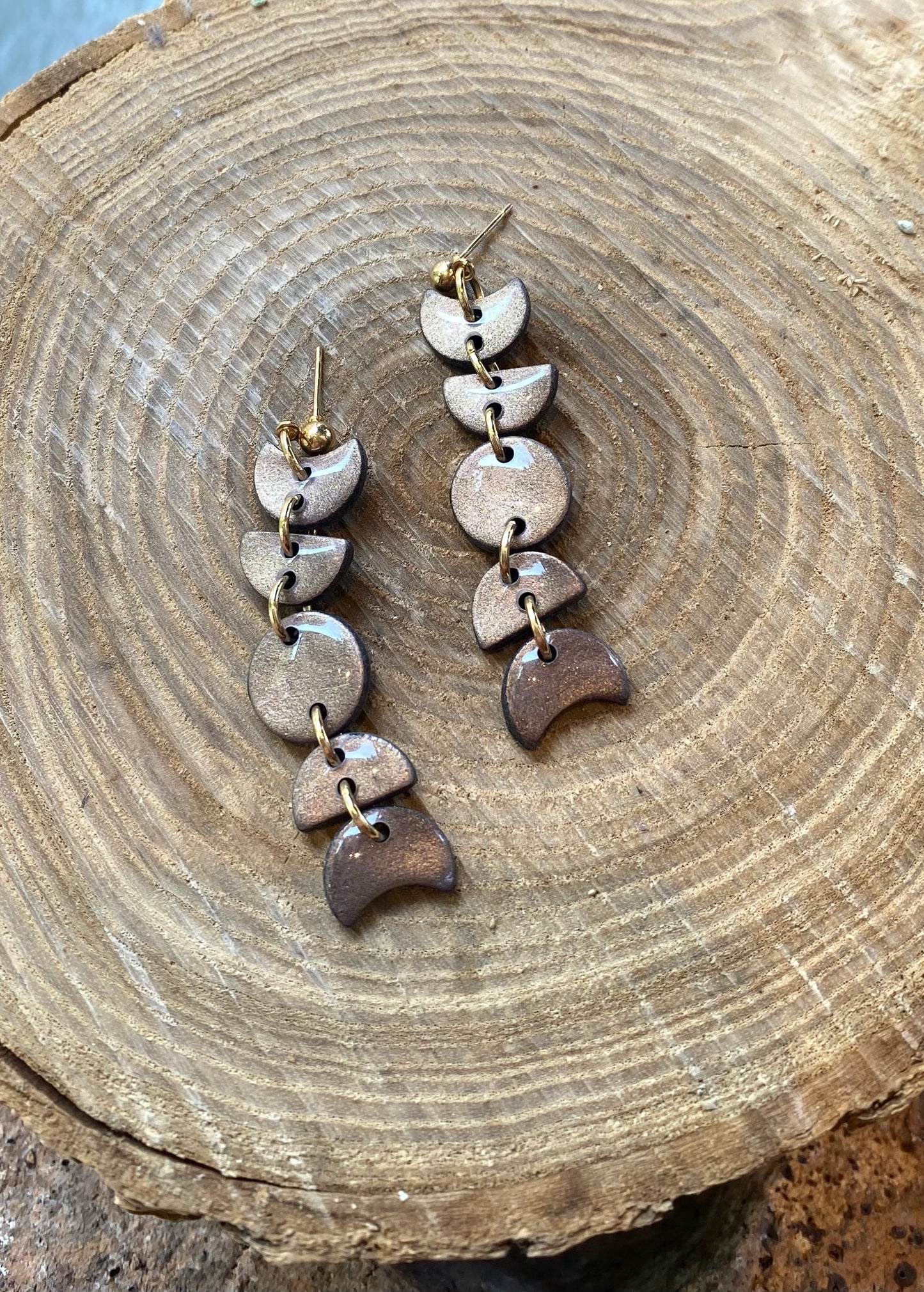 Small Moon Phase Dangles - Muted Gold Iridescent *E13