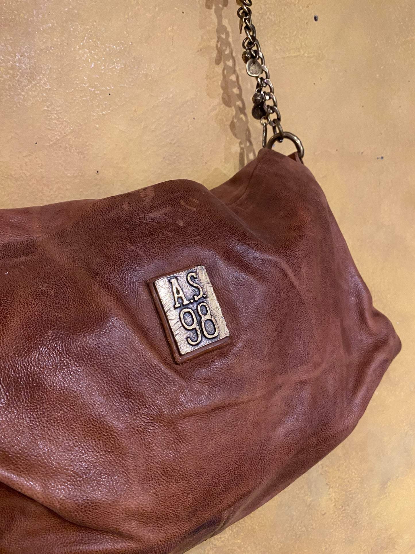 Folded Top Leather Crossbody Bag - Camel