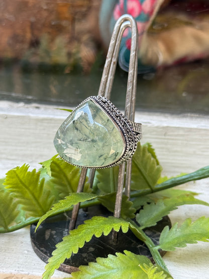Prehnite Rounded Teardrop Silver Ring