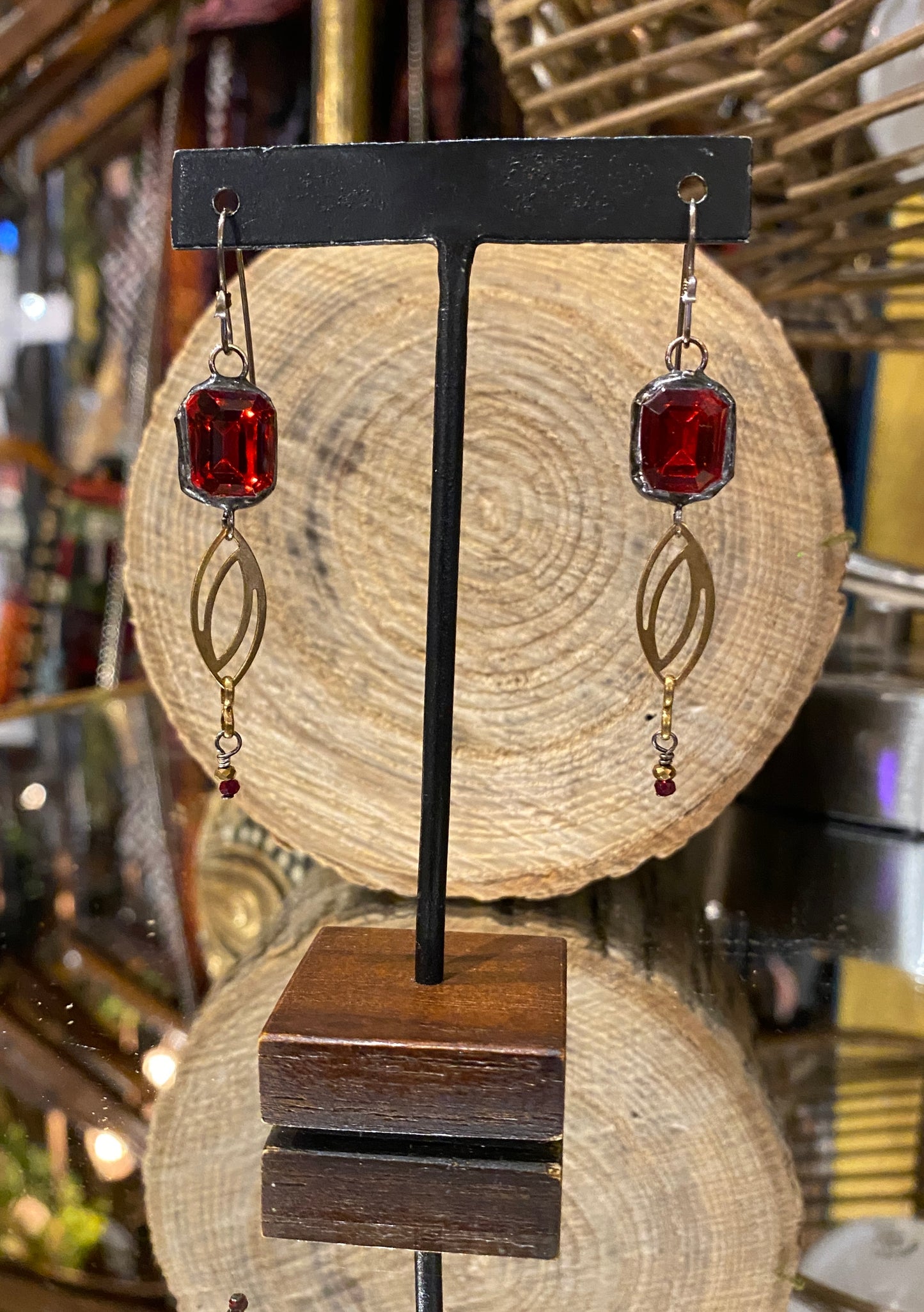 Vintage Glass & Brass Chain Earrings - Red