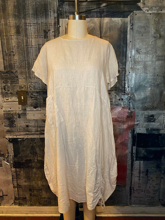 Linen, Rusched Hem Dress - Sand
