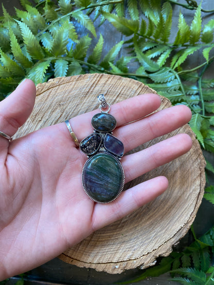 Labradorite Fluorite Black Rutilated Quartz Agate Pendant